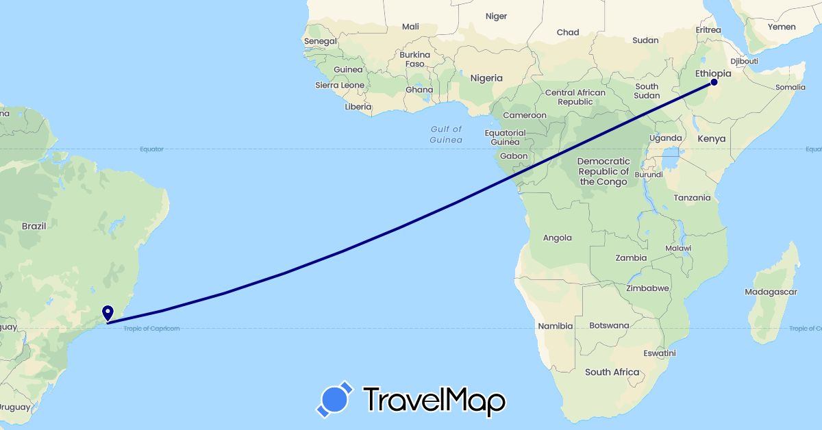 TravelMap itinerary: driving in Brazil, Ethiopia (Africa, South America)